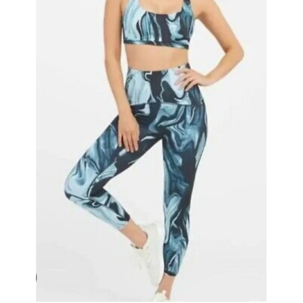 Blue Black Marble Swirl High Waisted 7/8 Athletic Leggings Yoga Pants Womens